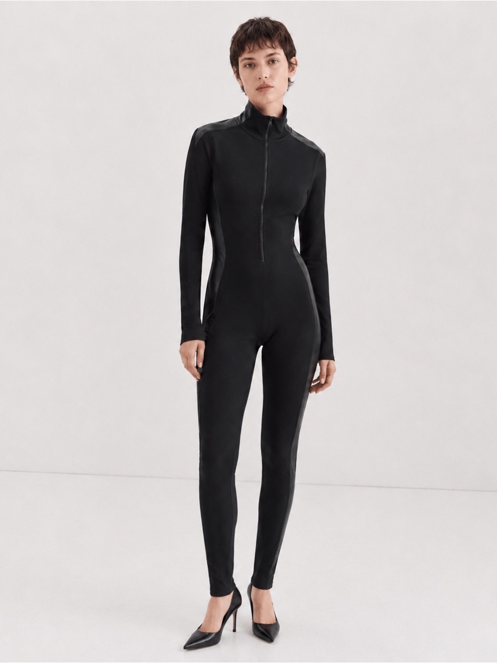NWT Norma Kamali black side stripe turtleneck zip catsuit M